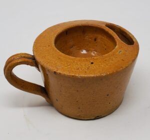 Whitewater earthenware shaving mug, 3" tall x 4 3/4" diameter. This piece was originally collected in the 1940's by Joseph Thiele. Private collection.