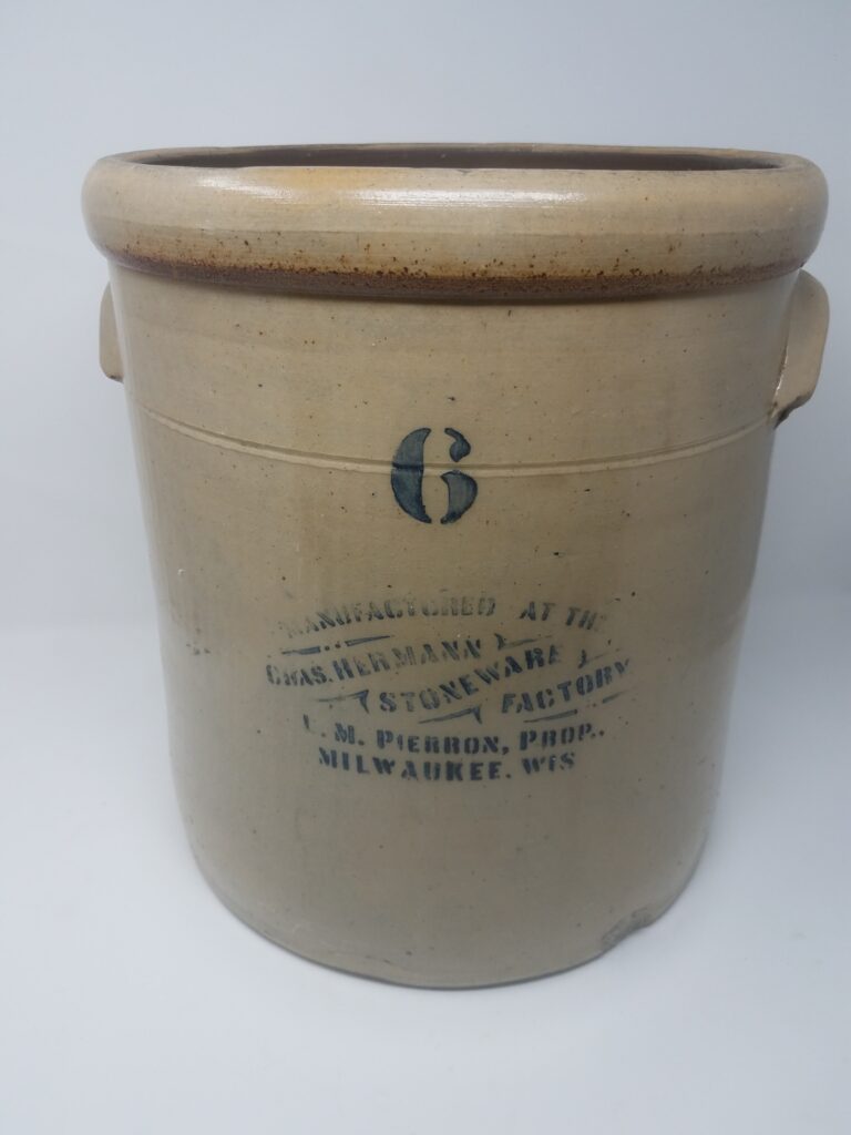 Transitional-period stenciled crock from the 1882-86 period before Louis Pierron took full control of the stoneware factory.