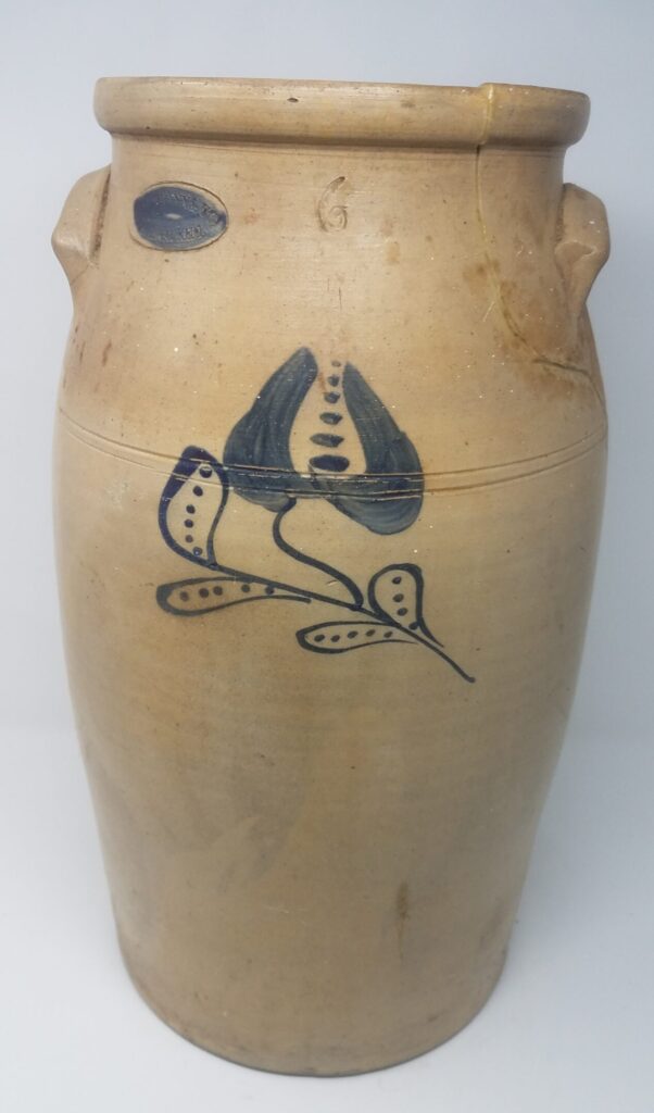 This cobalt decoration is found on various Hermann wares: churns, crocks, jugs and is undoubtedly the work of one artist.  Probably the "Dot" artist that also did the birds.  Possibly William Gunther or John Stoeckert.