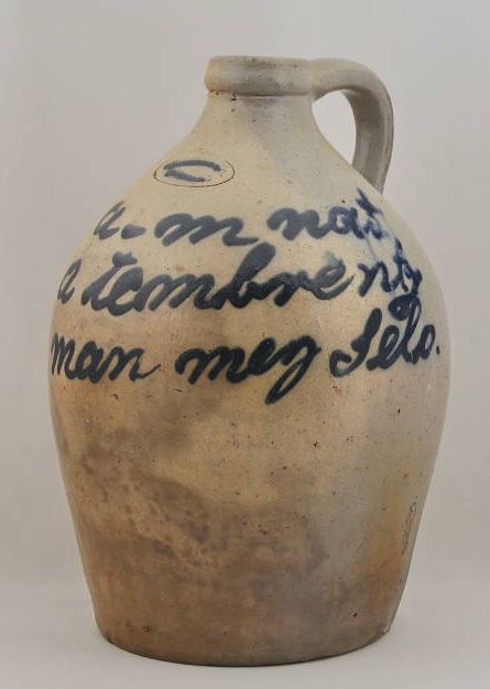 Whether a personal statement or a paraphrasing of Abraham Lincoln's temperance speeches, this semi-literate in English decorator attempted to write, "I am not a temperance man, my fellow." Photo from the Wisconsin Decorative Arts Database https://content.wisconsinhistory.org/digital/collection/wda/id/1173/rec/2
