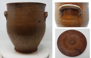 This cream pot is stamped twice “WHITE WATER”. It was found in the Knapp-Calkin house in Palmyra, Wisconsin with its original pressed wood cover. From a private collection. The finger press marks at the base of the ear handles and pedestal at the base are not seen of other pottery attributed to Whitewater. This is the only known intact, stamped Whitewater piece. We believe it is the earliest known Fremont Street Pottery piece, probably dating from the 1847-1848 time period, which also gives it the distinction of being Wisconsin's oldest known piece of marked pottery. From a private collection.
