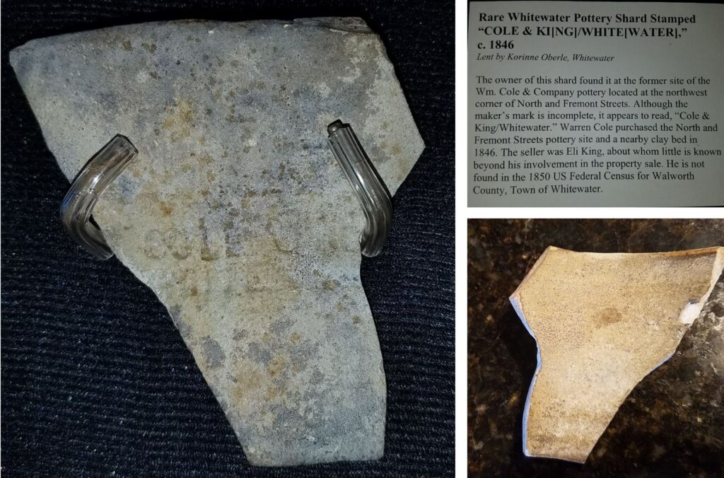 This sherd stamped "COLE & KI... / WHITE WA" is historically important for several reasons. It establishes that Eli King was a partner in the pottery, not just a seller of land to Warren Cole. It is Wisconsin's oldest known marked piece of pottery since King was out of the business by 1847 when George Williams bought in. That also makes it Wisconsin's oldest marked piece of pottery. Private collection.